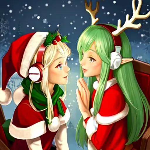 Prompt: elves with headphones in their ears on a sleigh meeting Santa Claus and a rendeer
