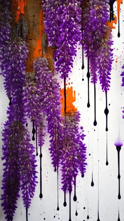 Prompt: A black and orange back ground with pale purple splotches and the words Tears of the Wisteria written in white font black and orange back ground black and orange drippy spraypaint wisteria blooms hanging above wall