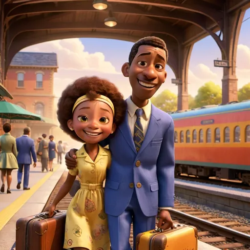 Prompt: (photorealistic) 1960s scene, smiling (African American mother and father), (adorable son) in a blue suit, vibrant colors, warm sunlight, capturing excitement, train station ambiance, vintage suitcases nearby, dynamic motion, joyful atmosphere, nostalgia, intricate attire details, ultra-detailed, high quality, classic trains in the background, sense of adventure and bonding.