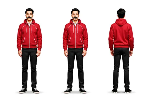 Prompt: A full-body character sheet of high-contrast portrait young male with fake mustache 14f758ee with black hair, large fake mustache, red jacket with white lines, black pants, black shoes displayed in three clear views on a clean white background, arranged in a three-column grid pattern with equal spacing and importance. Left panel: front view showing complete anatomical details and outfit. Center panel: perfect 90-degree side view (profile) clearly showing the character's side silhouette, facial profile, and outfit from a direct lateral perspective. Right panel: back view revealing posterior details Each view maintains consistent scale, lighting, and full-body presentation from head to toe. All three perspectives must be equally detailed and given equal prominence in the composition.