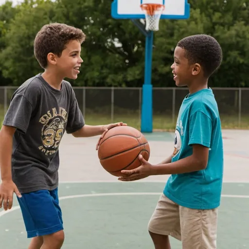 Prompt: two boys playing basketball and talking
