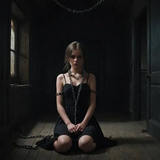 Prompt: There is a girl wearing a black dress chained sitting in the middle of a very dark old room 