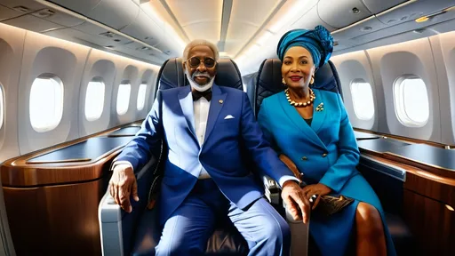 Prompt: a 70 years old African man and a 60 years old African woman, sitting on an airplane seat, first class, afrofuturism, HDR UHD 64K, studio lighting, bright scene, photorealistic, hyper realism