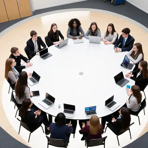 Prompt: 20 students sitting at a large round table with laptops, ceiling view 