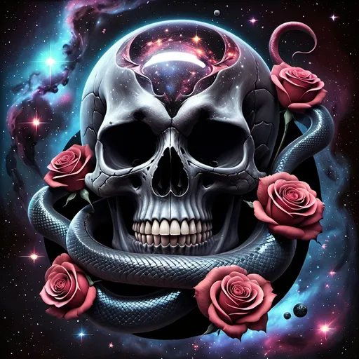 Prompt: Realistic dark big skull with a snake and a rose in space with stars and galaxies behind