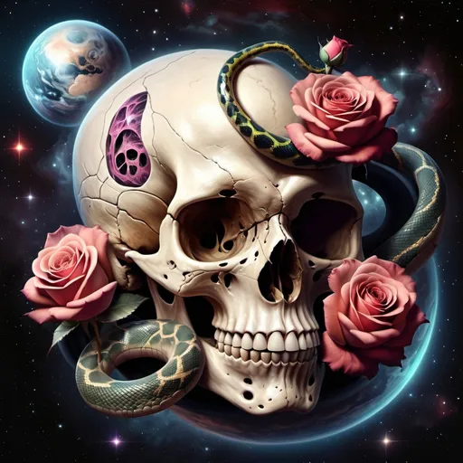 Prompt: Realistic big skull with a snake and a rose in space