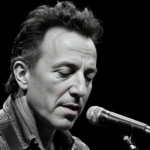 Prompt: generate a  side view photo of Bruce Springsteen grayscale, eyes closed , on a black ground