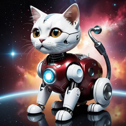 Prompt: A robot cat, with iron man coloration, floating in front of a galaxy with a stethoscope around it's neck like a doctor
 
