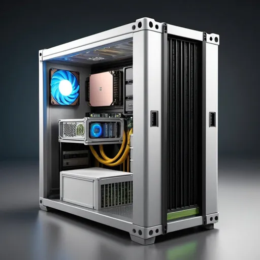 Prompt: Photorealistic illustration of a high-tech container that stores mulitipls GPU/CPUs and is able to still communicate with the motherboard and is still cooled that can fit inside a standard pc case