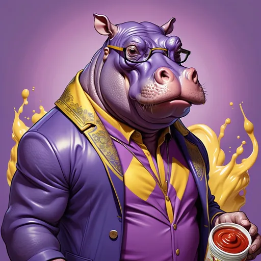 Prompt: A muscular, humanoid hippopotamus with a pack of sauce, standing in purple and yellow, holding Ethereum in one hand and Ripple in the other, dressed in Iranian clothing, with a coat and shirt, and wearing prescription glasses.