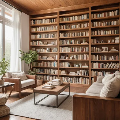 Prompt: A clean-looking living room adorned with numerous books as decoration and plenty of wood.