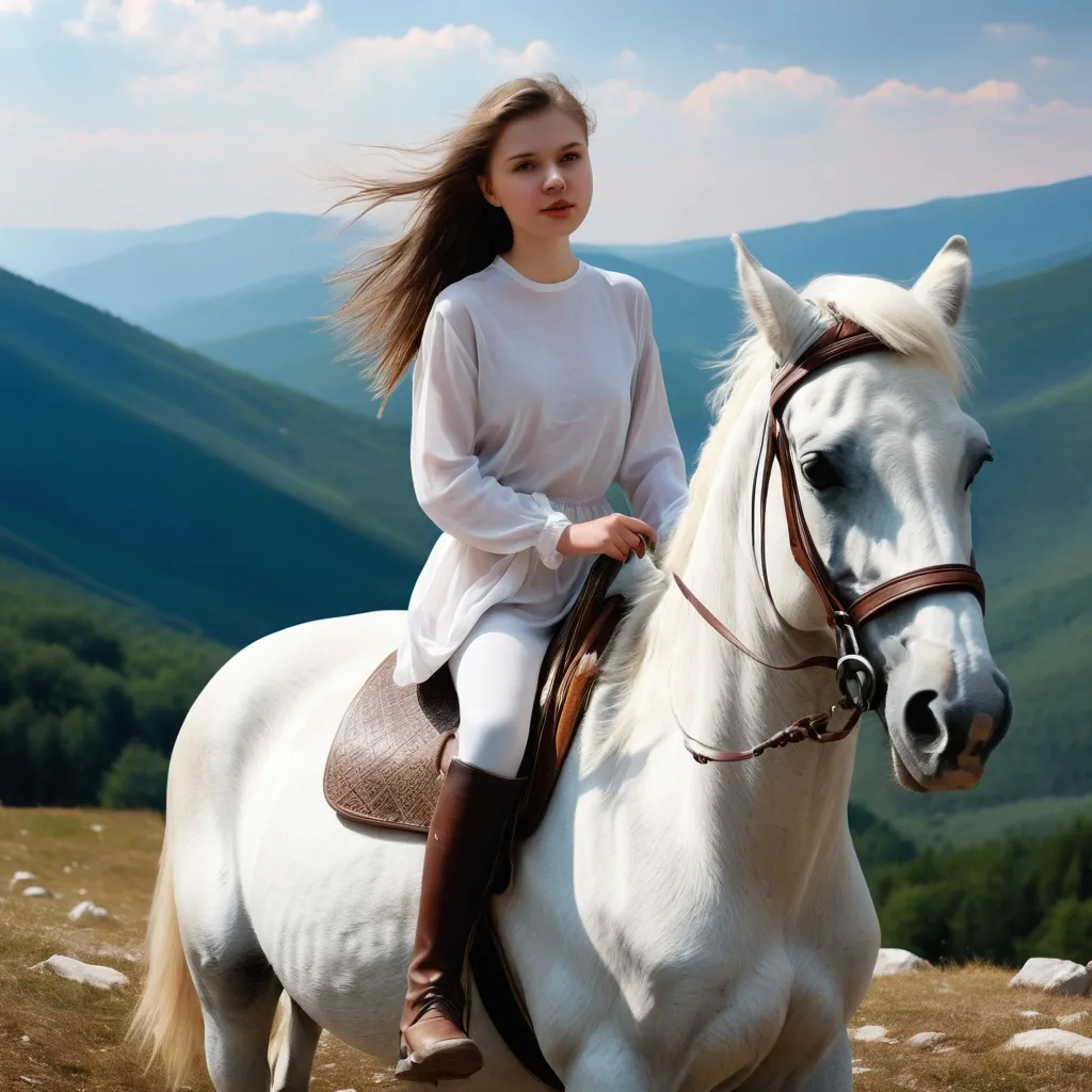 Prompt: girl on a white horse in mountains
