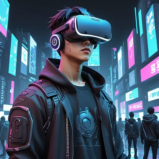 Prompt: Anime cyberpunk style, man like korean style in metaverse virtual reality, highly detailed, HD, full colour