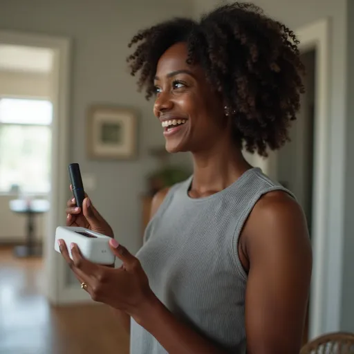 Prompt: A black lady holding a home security device while talking


