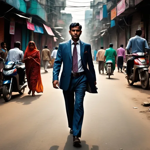 Prompt: (Dr. Younus), walking confidently on a bustling Dhaka street, dressed in a sharp, tailored suit, emanating a strong presence with a subtle hint of authority, vibrant urban backdrop filled with street vendors and colorful buildings, cinematic high contrast lighting, deep shadows for a dramatic effect, a touch of mystery and intimidation, ultra-detailed, showcasing a unique atmosphere blending power and street life.