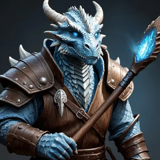 Prompt: hyper-realistic Dragonborn character with, fantasy character art, illustration,  dnd, wooden staff in right hand, blue eyes, scales a light blue color, 