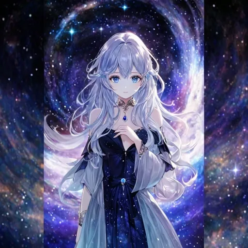 Prompt: Highly detailed, 4k, anime, fantasy, silver hair, flowing, beautiful blue eyes, galaxy background, detailed facial features, magical, mystical, ethereal, fantasy style, detailed eyes, flowing hair, ethereal background, detailed portrait