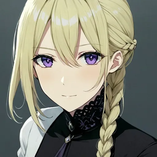 Prompt: Anime illustration of a elegant girl, long blonde hair in a ponytail with braids, blonde colored hair, blonde hair, dark purple eyes, stylish shirt with sleeves and shoulders showing, black skirt, white knee-high socks, 4k, high quality, anime, detailed hair, elegant design, professional, natural lighting