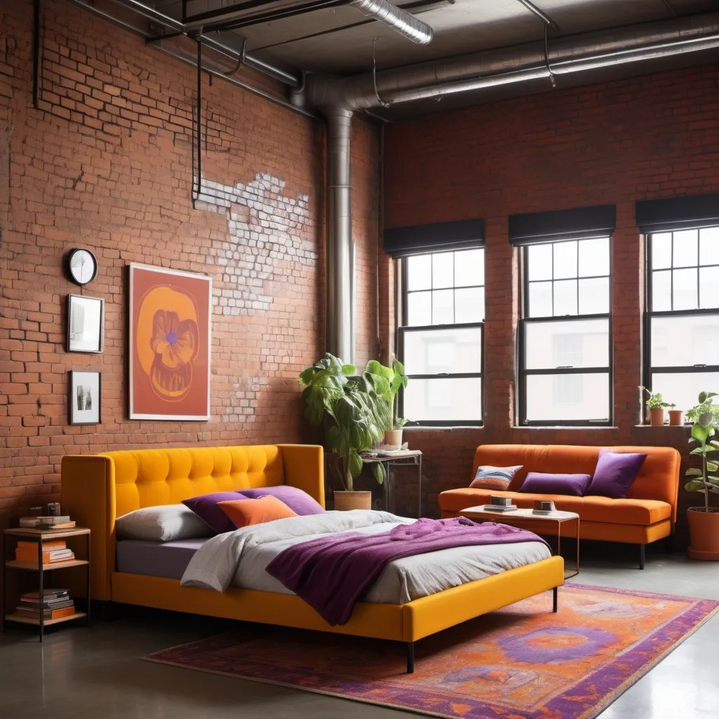 Prompt: Create a bedroom space for a industrial 500sq ft studio that is groovy and mushroom themed. Include a mustard yellow 4 piece sectional couch. Include the colors red, orange and purple for decor pieces (i.e. curtains, rugs, etc) A full sized mattress with an orange bedframe. With brick wall