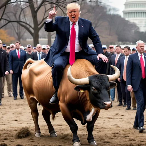 Prompt: President elect Trump riding a bull into  Washington 
, bare chested on Jan 6, 2025.