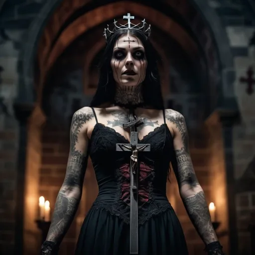 Prompt: Horror scene of a crucified woman templar in a revealing lace dress, bloody holy cross, realistic, HD, night setting, church theme, detailed tattoos, eerie atmosphere, spooky lighting, gothic style, horror genre, creepy, haunting, dark tones, sinister