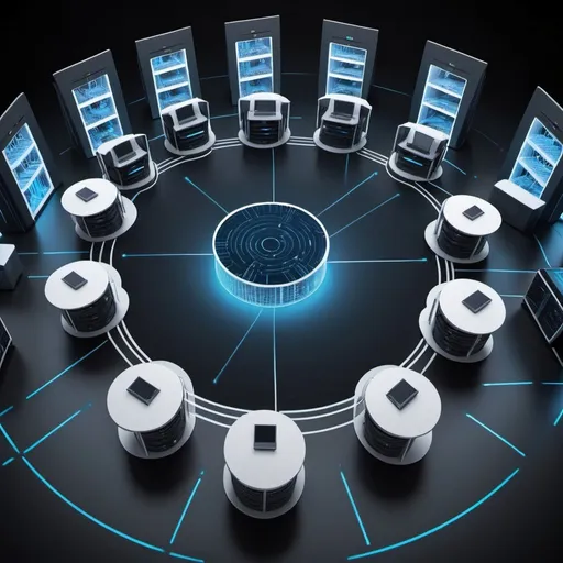 Prompt: Cyber ​​data center in the center of the picture
Connects to 10 printers that are in a circle around the center