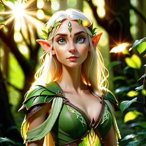 Prompt: Elf ranger with a bare chest in a mystical forest, magical sunlight, high quality, fantasy style, detailed elven features, ethereal woodland, mystical atmosphere, radiant sunlight filtering through the trees, lush greenery, lacy elven attire, enchanted forest, fantasy, mystical, detailed eyes, professional, atmospheric lighting, vibrant color tones
