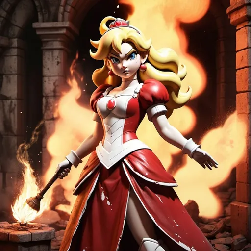 Prompt: Princess Peach dressed in her red and white fire dress holding a fire flower, active fighting position, feeling confident, full body side view, detailed cuts and contusions, sepia tones, blood splatter, disheveled appearance, digital painting, determined expression, detailed fabric texture, sepia tones, dystopian fantasy lava background, Bowser's Castle background, highres smoke, digital painting, detailed facial features, emotive, fire distressed clothing, fire dress clothes, ripped clothes, sepia tones, soft lighting