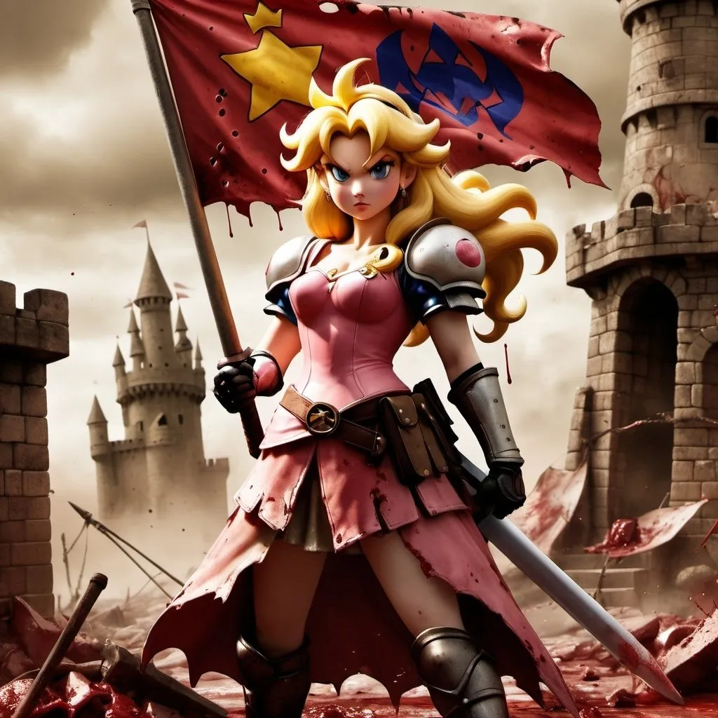 Prompt: Princess Peach dressed as a warrior queen, active fighting position, Princess Peach flag on flagpole in background, full body, her clothes are tattered, blood, disheveled appearance, digital painting, determined expression, detailed fabric texture, sepia tones, dystopian Bowser's Castle fantasy background, highres blood spatter, digital painting, detailed, emotive, distressed clothing, warrior queen clothes, ripped clothes, sepia tones, soft lighting