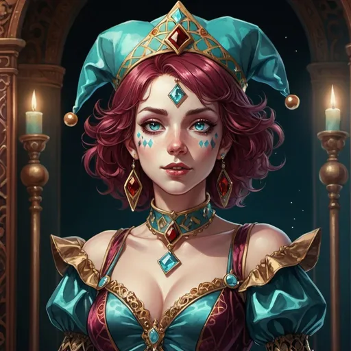 Prompt: Anime illustration of an innocent garnet-haired bare chested woman, dressed like a court jester in a detailed ornate garnet and aquamarine costume, dramatic lighting, she has a free spirit personality, tarot card style, detailed aquamarine eyes, professional, highres, ultra-detailed, rejuvenation, dramatic lighting, ornate costume, court jester, intense gaze, vibrant color palette, ornate details, mystical atmosphere