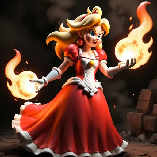 Prompt: Princess Peach dressed in her red and white fire dress shooting fireballs forward from her hands, dress flows behind, side view flame tipped hair, disheveled appearance, flame-tipped clothing, shooting fireballs from hands, feeling confident, full body side view, detailed red and white dress, sepia tones, ruined dress, disheveled appearance, digital painting, confident expression, detailed fabric texture, sepia tones, dystopian fantasy lava background, Bowser's Castle background, highres fireball smoke, digital painting, detailed facial features, emotive, fire distressed clothing, fire dress clothes, ripped clothes, sepia tones, soft lighting
