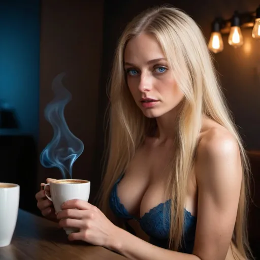 Prompt: woman with long blonde hair and blue eyes dressed scantily; coffee is spilling all over her bare chest; ambient lighting; side view; feeling pleasure; on her knees