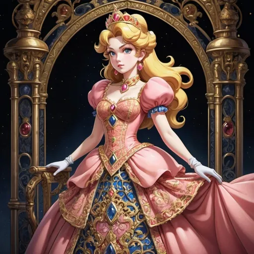 Prompt: Anime illustration of Princess Peach, detailed ornate dress, dramatic lighting, highres, detailed, anime, tarot card, ornate design, regal, dramatic lighting, royal, princess, elegant, intricate details