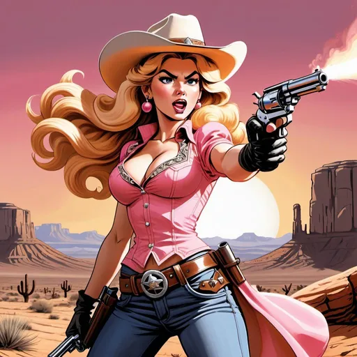 Prompt: Princess Peach as a woman cowboy with a bare chest firing a Colt revolver in her hand, feeling confident, long flowing hair blowing in the wind, determined facial expression, revolver holster on her belt, desert landscape, detailed and dramatic sweat on skin, graphic novel illustration, retro comic book, 2D shaded, dramatic firing pose, sun in background, high contrast, comic style shading, detailed clothing pink cowgirl clothing, best quality, highres, sunset lighting, retro, desert,  graphic novel, sepia colors, detailed, 2D shaded, high contrast