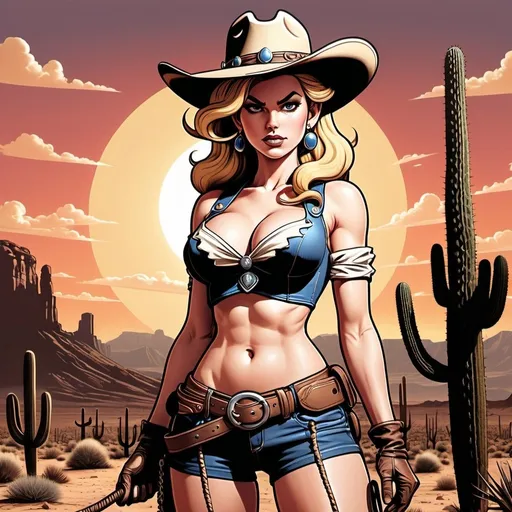 Prompt: Princess Peach as a woman cowboy wit a bare chest holding a bullwhip in her hand and feeling confident, long flowing hair, appealing facial expression, revolver on her belt, Mushroom Kingdom desert landscape, detailed and dramatic sweat on skin, graphic novel illustration, retro comic book, 2D shaded, dramatic pose, sun in background, high contrast, comic style shading, detailed clothing, best quality, highres, sunset lighting, retro, desert, cowgirl, cacti, graphic novel, sepia colors, detailed, dramatic pose, 2D shaded, high contrast