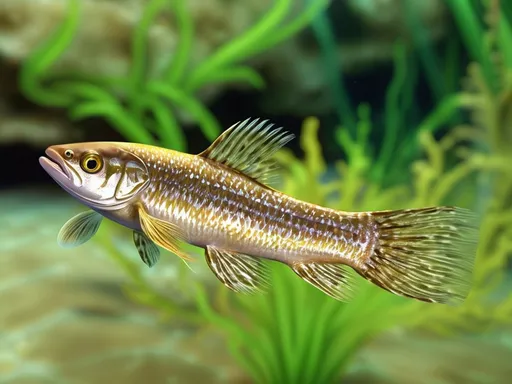 Prompt: realistic image of fish species hoplias malabaricus swimming underwater, dynamic movement, vibrant colors, vivid contrasts, sharp details, rich texture, hyper-realistic illustrations, shimmering scales reflecting light, bright and lively atmosphere, ultra-detailed, 4K quality, captivating composition that draws viewers into the underwater world.