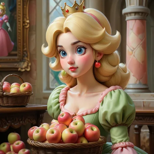Prompt: Princess Peach enjoying apples in royal castle interior, oil painting, basket of apples nearby, traditional art style, high quality, detailed facial features, whimsical, soft tones, natural lighting, detailed eyes, elegant, professional