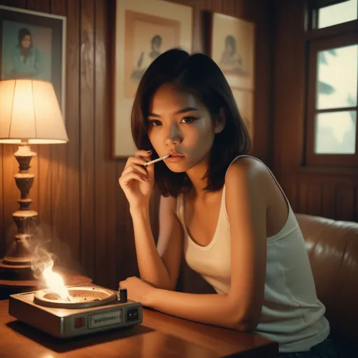 Prompt: photorealistic polaroid photo, (beautiful young Thai woman looking frustrated) wearing an old white sheer tank top, (soft lighting), holding a lit cigarette over an ashtray on a coffee table, intense retrospection, 1970s aesthetic, warm muted color palette, cinematic atmosphere, wood panel walls, vintage charm, cozy ambiance,  impoverished vibes.