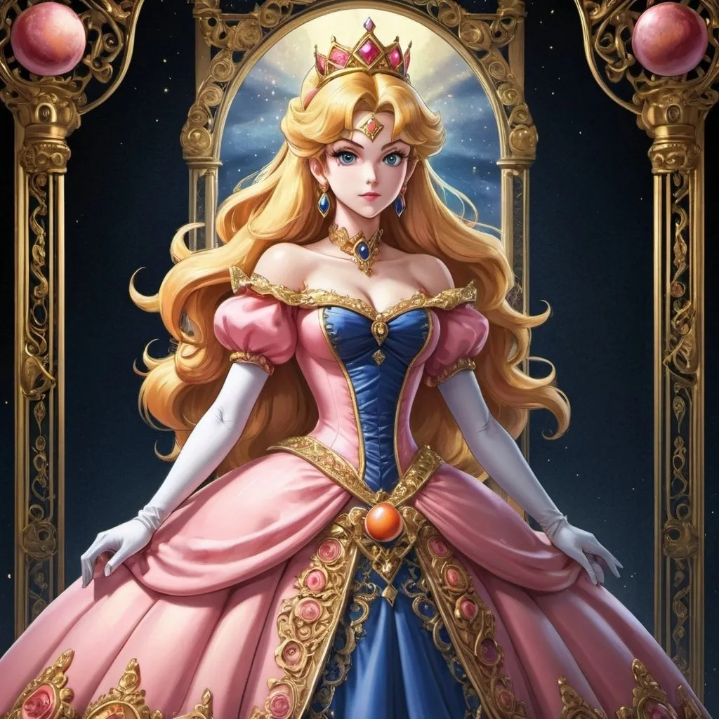 Prompt: Anime illustration of Princess Peach, detailed ornate dress, dramatic lighting, highres, detailed, anime, tarot card, ornate design, regal, dramatic lighting, royal, princess, elegant, intricate details