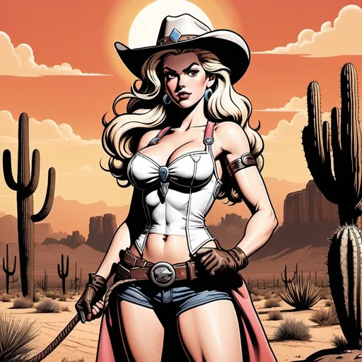 Prompt: Princess Peach as a woman cowboy wit a bare chest holding a bullwhip in her hand and feeling confident, long flowing hair, appealing facial expression, revolver on her belt, Mushroom Kingdom desert landscape, detailed and dramatic sweat on skin, graphic novel illustration, retro comic book, 2D shaded, dramatic pose, sun in background, high contrast, comic style shading, detailed clothing, best quality, highres, sunset lighting, retro, desert, cowgirl, cacti, graphic novel, sepia colors, detailed, dramatic pose, 2D shaded, high contrast