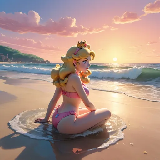 Prompt: Princess Peach at a tranquil beach, she is wearing swimwear (looking profoundly sad) and eating lunch; as she sits in the shallow water, soft waves lapping around her. The sky is painted in (warm pastel colors) at sunset, casting a (golden glow) on the serene surroundings, evoking a (lonely ambiance). (Ultra-detailed), capturing the subtle emotions in her expression, the shimmering ocean in the background, and gentle palm trees swaying softly.