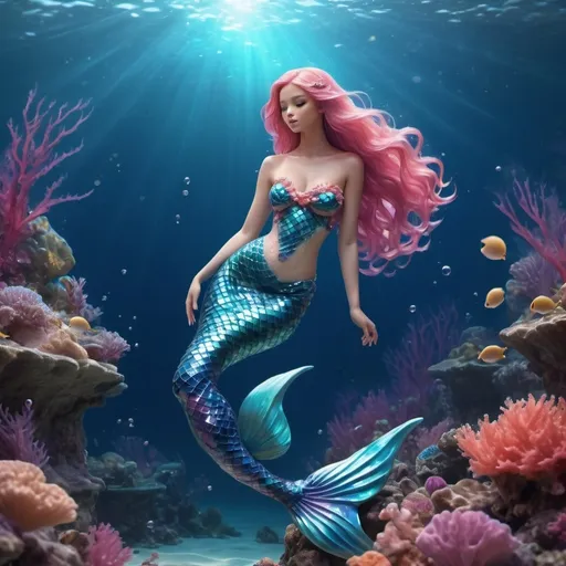 Prompt: (Beautiful Mermaid), full body view, ethereal beauty, shimmering scales blending hues of deep blue and pink, cascading flowing hair sparkling like sea foam, enchanting ocean surroundings filled with vibrant coral reefs, delicate bubbles in crystal clear water, warm light filtering through, serene and magical ambiance, ultra-detailed, captivating underwater scene, 4K