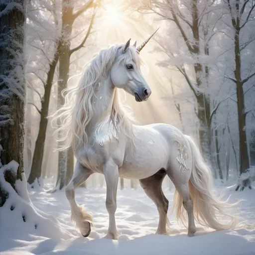 Prompt: (Majestic unicorn), (ethereal), (mysterious), full body view, rearing up in the snow, vibrant and enchanted, soft dreamy glows, soft, expressive face, high definition, lush, snow and ice covered magical forest background, dappled sunlight filtering through treetops, enhancing the mystical atmosphere, intricate details in the unicorn's flowing white mane, captivating sparkle in its expressive eyes, white and silver horn, enchanting ambiance evoking wonder and fascination, ultra-detailed depiction with a sense of grace and beauty.