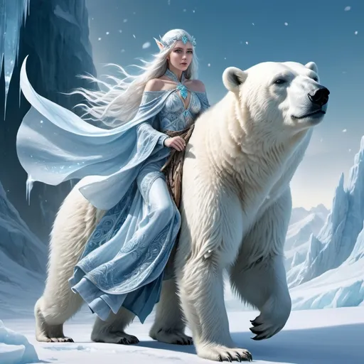 Prompt: (Beautiful Ice elf riding a polar bear), long flowing hair, intricate detail on robes, fantasy art, ethereal atmosphere, shimmering colors of icy blue and white, intricate details on the elf's attire with crystalline accents, majestic polar bear, snowy landscape with glistening ice crystals, cool tone lighting, a sense of adventure and wonder, 4K ultra-detailed masterpiece, sweeping wintry background.