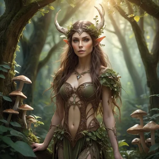 Prompt: (Beautiful wood elf) brown hair, standing gracefully under a canopy of tress, flora, full body image, surrounded by a magical, enchanted,  forest, ethereal light filtering through the leaves, mushrooms, soft shimmering effects, intricate details on the elf's attire, adorned with twigs, thorns, horns, high level of fantasy, enchanting ambiance, magical realism, ultra-detailed, 4K.