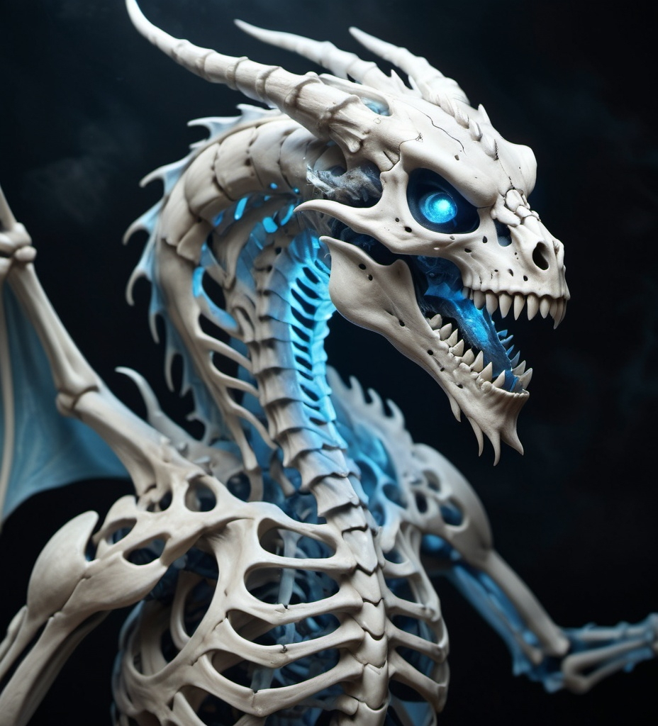 Prompt: (skeleton dragon), intricate bone structure, menacing and fierce, cold blue glowing eyes, set against a dark, misty background, highlighting the creature’s dynamic pose, (eerie atmosphere), muted colors with hints of luminescent whites and blues, 4K resolution, ultra-detailed, evoking feelings of mystery and ancient power, a captivating representation of mythical fantasy.