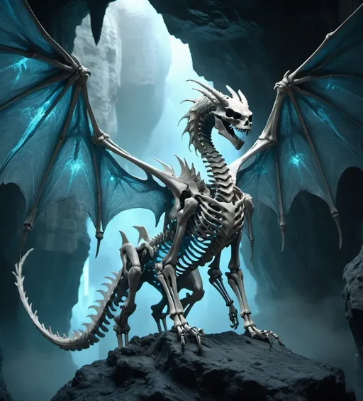 Prompt: (skeleton dragon), (majestic wings unfolded), intricate bone textures, eerie blue glow in the eye sockets, surrounded by swirling mist, dark cavern background, cool tones with hints of blue and green, atmospheric and mystical ambiance, high detail, 4K quality, cinematic lighting, a zoomed perspective to emphasize structure and intricacy.