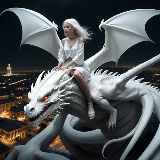 Prompt: A dragon girl with white, flowing hair, sits on a white Dragon and flying over a city at night. Planets, destroying the ground, perfect composition, beautiful, detailed, intricate, insanely detailed, octane render, trending on art, station, 8k artistic photography, photorealistic concept art, soft, natural, volumetric, cinematic, perfect light, chiaroscuro, award - winning photograph, masterpiece, oil on canvas, raphael, caravaggio, greg rutkowski, beeple, beksinski, giger