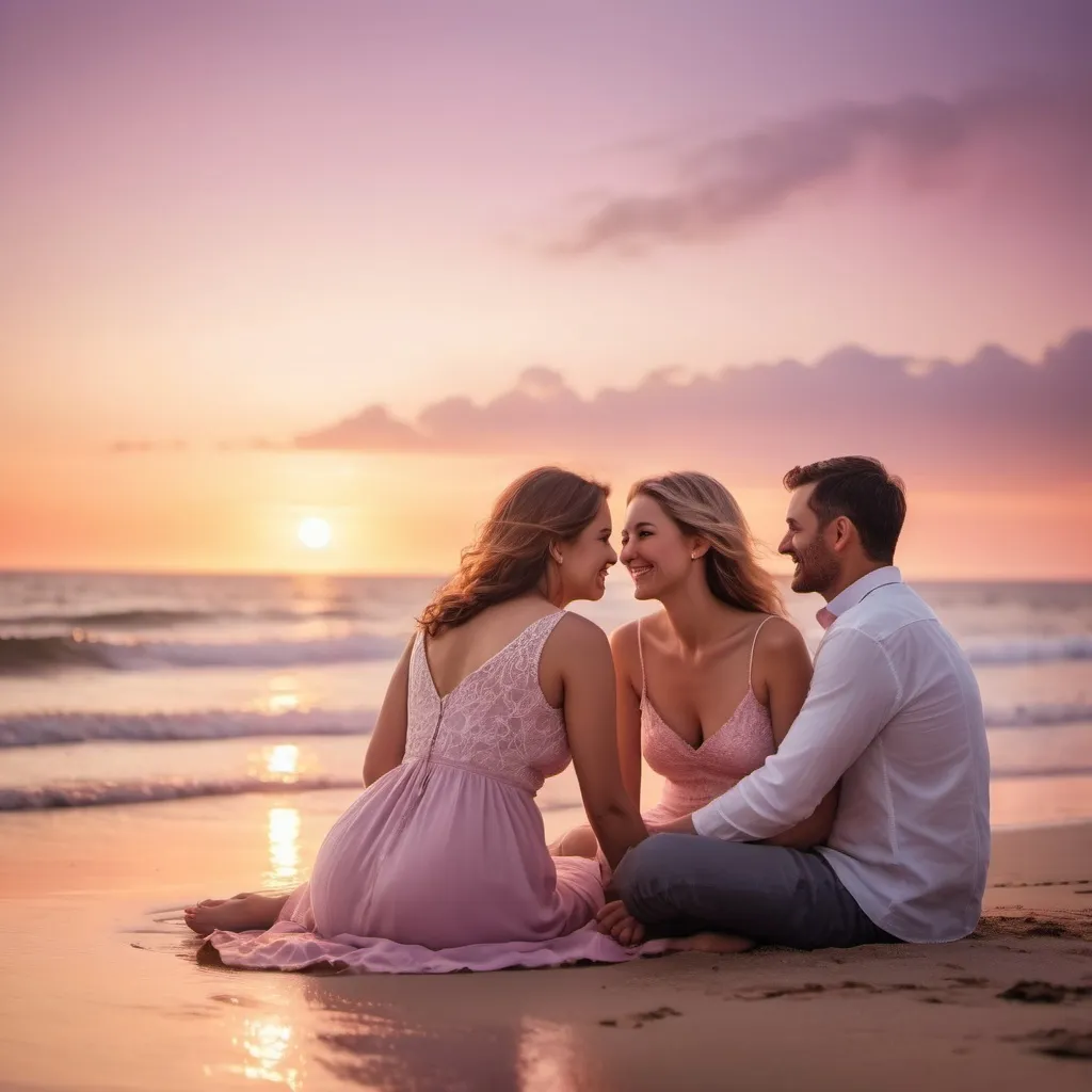 Prompt: two married couples sitting on beach evening time enjoying beautiful sunset