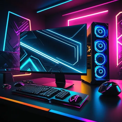 Prompt: (4K) Custom gaming PC wallpaper, vibrant colors, futuristic design, dynamic geometric patterns, high-tech elements, luminous accents, sleek hardware display, ambient light effects, visually striking composition, immersive gaming atmosphere, ultra-detailed textures, ideal for gamers, modern design aesthetic, perfect for desktop backgrounds, visually captivating.